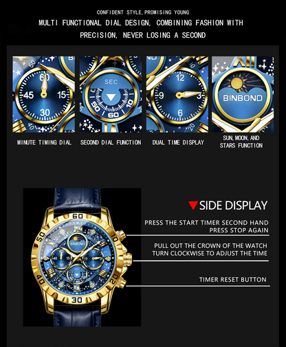 BINBOND Genuine accurate quartz wristwatches for men luxury luminous waterproof chronograph leather strap men's watch reloj