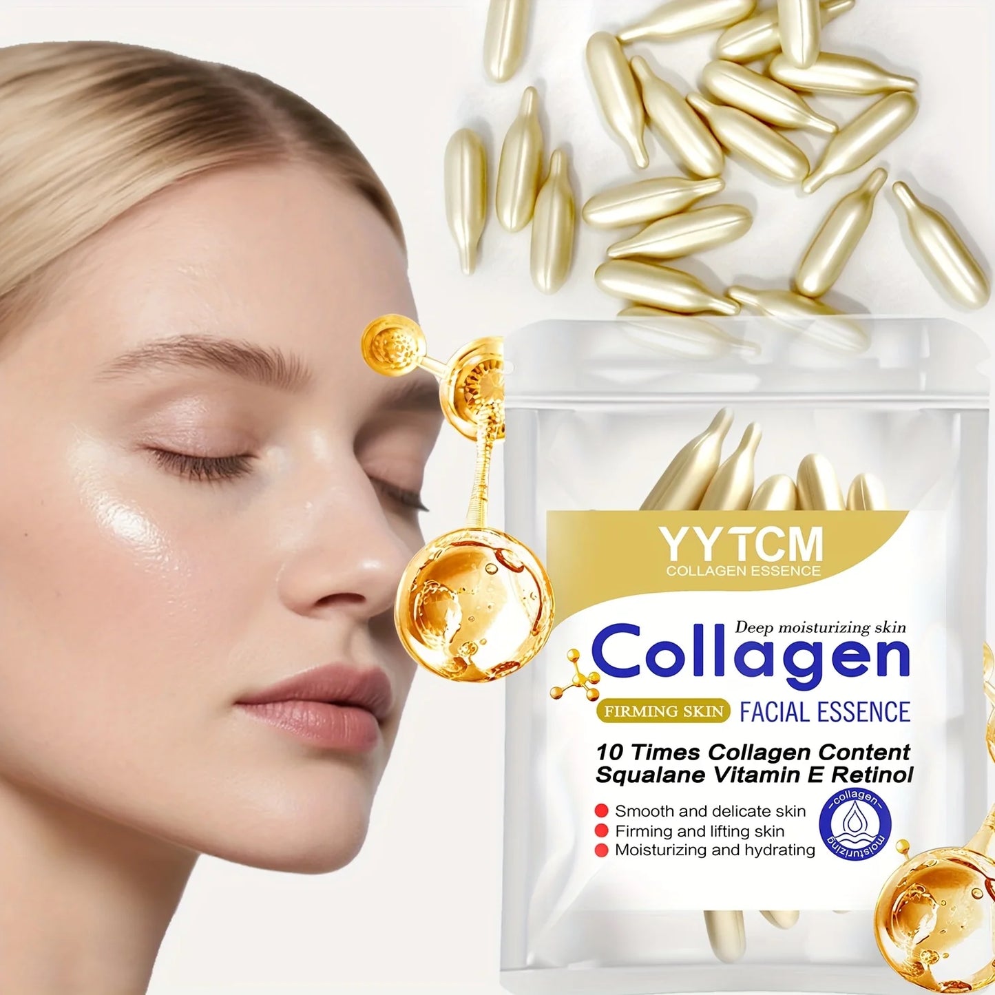Collagen Firming Capsule Essence, Moisturizing and Smoothing the Skin, Contains Plant-Based Squalane, Retinol, and Vitamin E Deep Hydration Essence (0.4Gx30 Capsules)/Bag-1 Bag