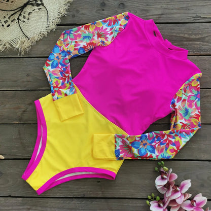 New Patchwork One-Piece Swimsuit Long Sleeve Swimwear Sports Backless Women's Swimming Bathing Suit Beach Wear Bather Surfing