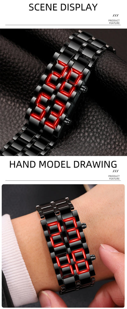 Fashion Mens Digital Lava Wrist Watch Men Black Full Metal Red Blue LED Display Watches Gifts for Male Boy Sport Creative Clock