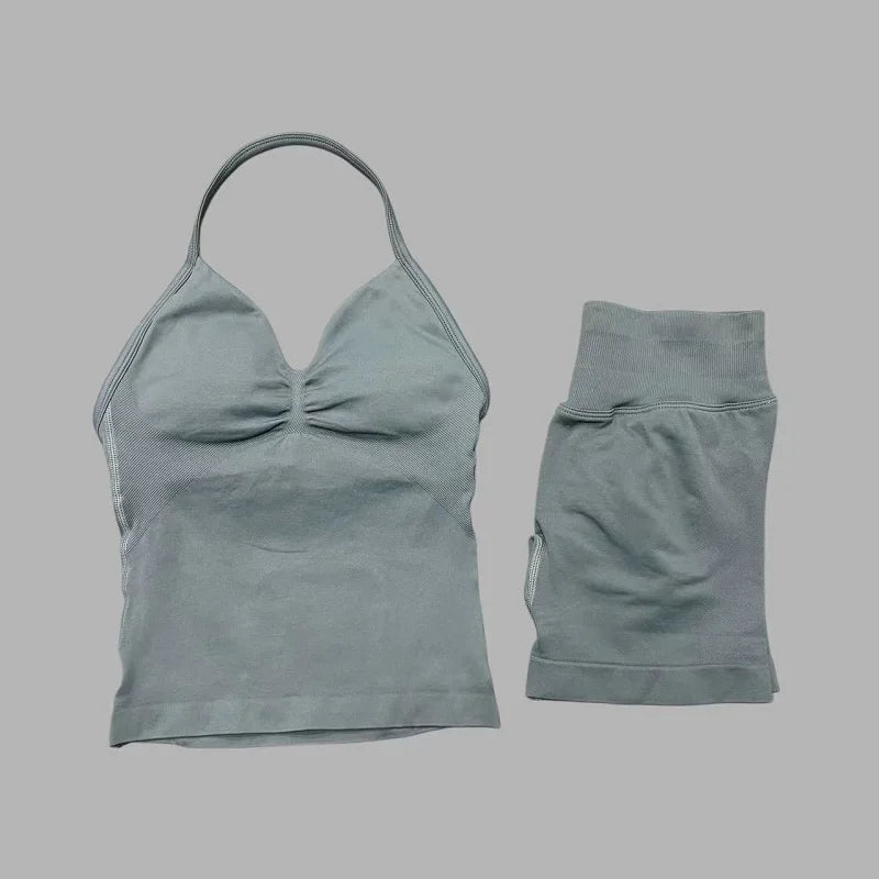 Yoga 2 Pieces Gym Set Women Backless Halter Tops High Waist Seamless Shorts Gym Suit Fitness Sports Bras Sportswear Workout Sets
