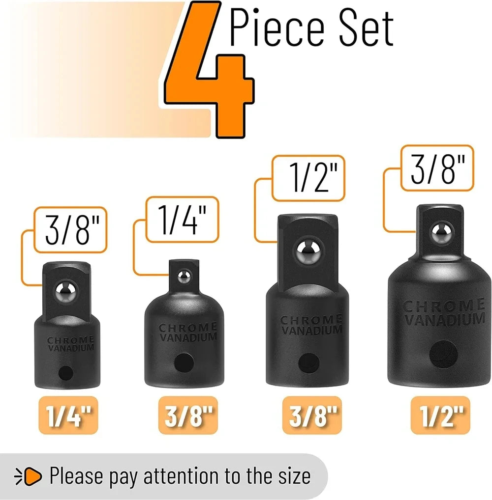 4PCS Impact Socket Adapter Reducer Set 1/2 3/8 1/4 inch Use Wrenches Drills in Auto and Impact Driver Construction Work