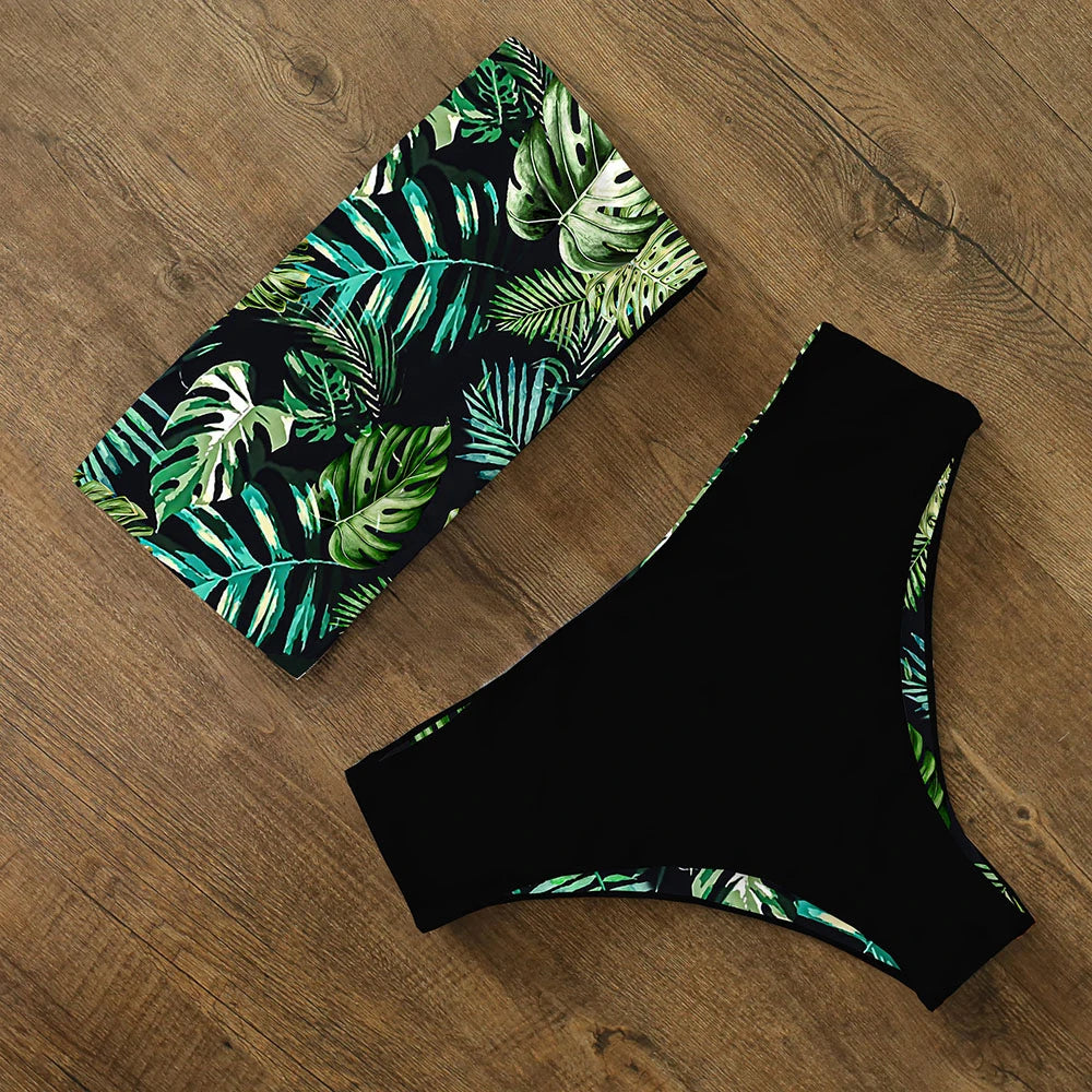 2025 New Sexy Low Hight Bikini Set Swimwear Women Bandeau Female Print Floral Strappy Swimsuit Bathing Suit Beach Wear Biquini