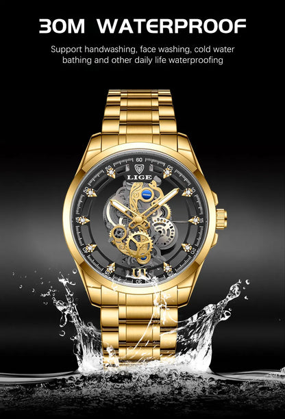 Original LIGE Men Watch Gold Stainless Steel Hollow Skeleton Quartz Watches for Men Fashion Military Waterproof Men Wristwatch