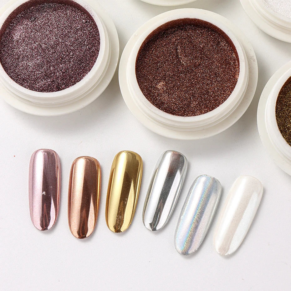 6pcs Chrome Mirror White Nail Powder Pigment Gold Silver Rubbing Holographic Aurora Iridescent Metallic Nail ArtPower Decoration