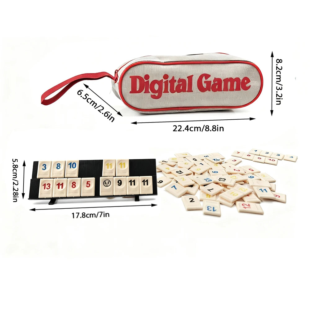 106 Rummy Tiles Numbered Mahjong Set, with 4 Racks, Zipper Storage , Deluxe Portable Travel Game Set, Suitable for Holiday Party