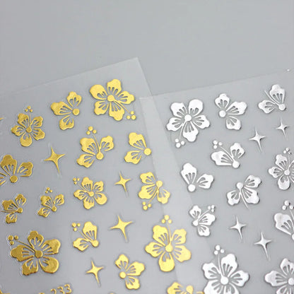 4pcs Hibiscus Flower Nail Art Sticker 3D White Pink Floral Decal Y2K Gold Silver Petal DIY Romantic Self-Adhesive Manicure Decor