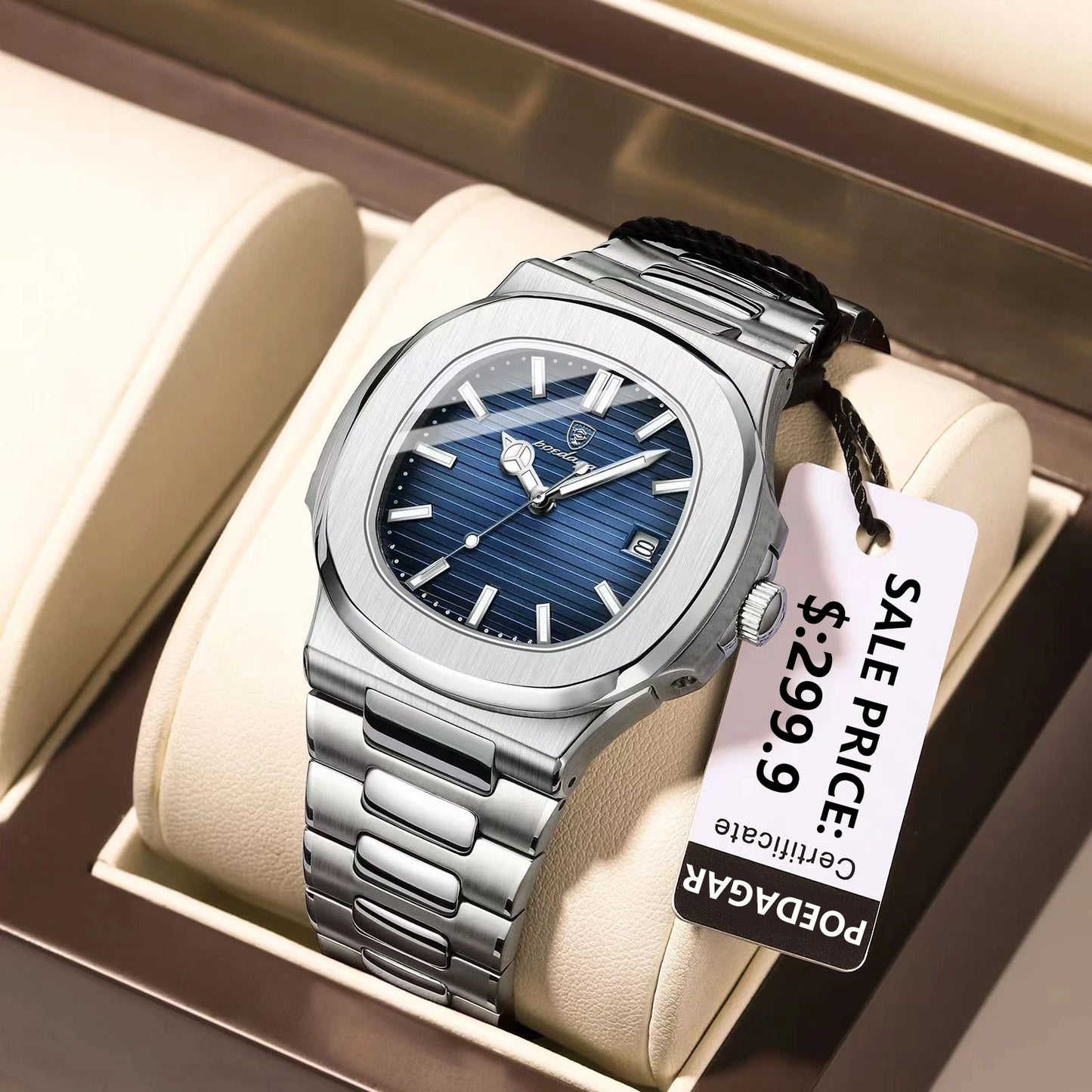 POEDAGAR Fashion Square Quartz Man Clock Waterproof Luminous Date Stainless Steel Watches For Men Luxury Business Men Wristwatch