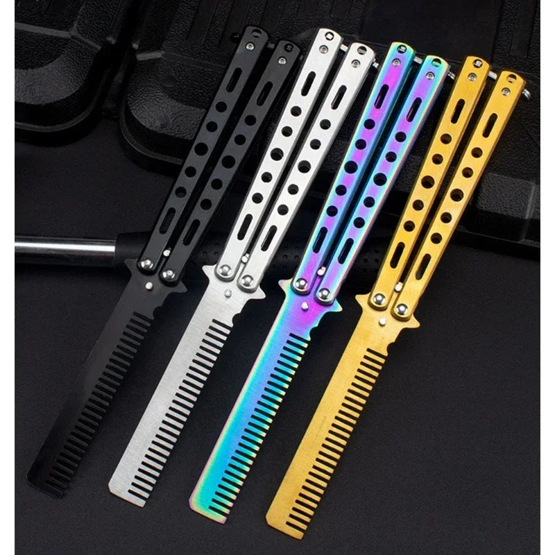 Stainless Steel Foldable Comb for Butterfly Knife Practice Training Beard Moustache Styling Tool Hairdressing Salon Brush