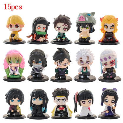 5-15pcs Q Version Demon Slayer Sitting Ghost Doll Tanjiro Nidouzi Inosuke Zenizu  Toy  Figural PVC Model Gift