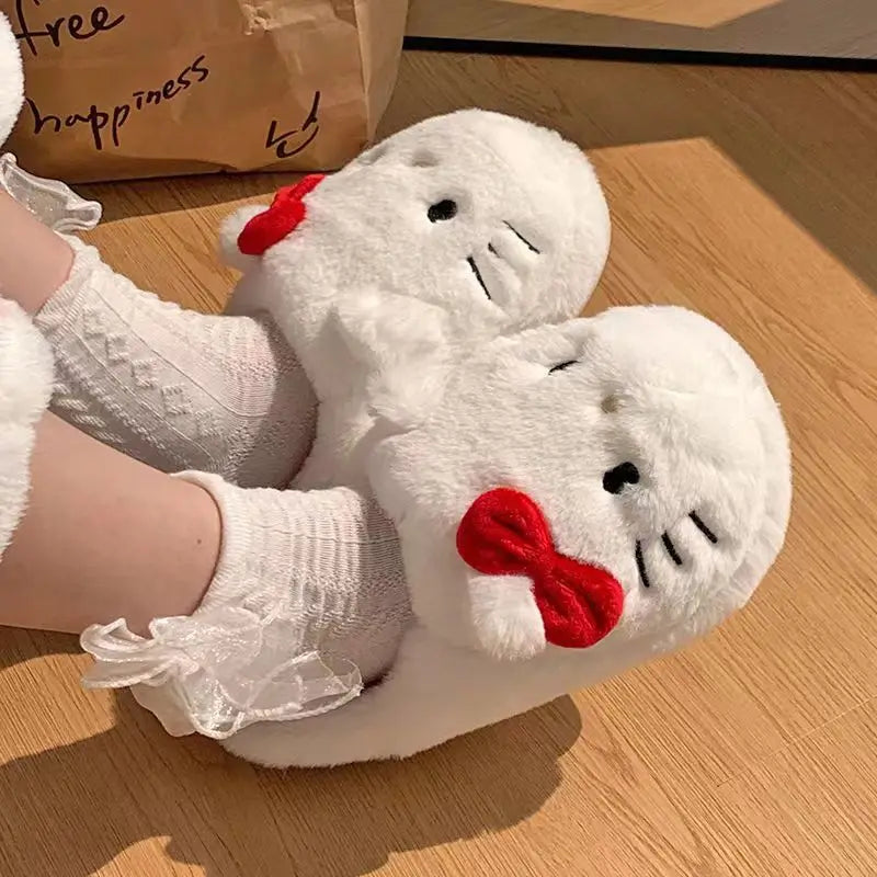Kawaii Hellokitty Anime Warm Cotton Slippers Autumn Winter Thick Anti Slip Cartoon Plush House Slippers For Girls Surprise Gifts