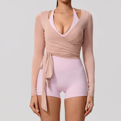 Hearuisavy Summer Women's Yoga Shirt Long Sleeve Sportswear Gym Breathable Quick Dry Sports Top Pilates Dance Ballet Wrap Tops