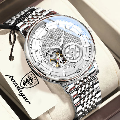 POEDAGAR Luxury Man Watch Stainless Steel Hollow Tourbillon Men Clock Luminous Mechanical Automatic Business Men's Watches Reloj