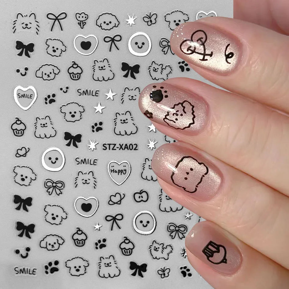 2pcs 3D Cute Silver Smile Dog Decals Y2K Cartoon Cat Footprint Nail Stickers Graffiti Star Heart Bowknot Manicure Slider Decor