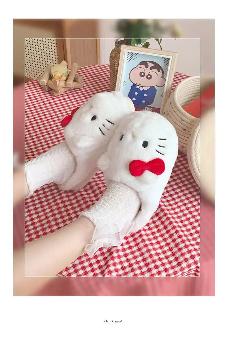 Kawaii Hellokitty Anime Warm Cotton Slippers Autumn Winter Thick Anti Slip Cartoon Plush House Slippers For Girls Surprise Gifts