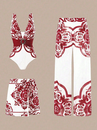Blue One-Shoulder Ruffled Print Floral Swimsuit Set Cover Up Single Piece Micro Monokini Sexy Swimwear For Girls Summer Beach