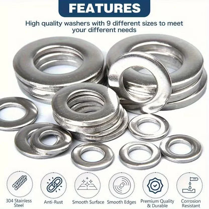 200/400pcs Stainless Steel Flat Washers Set (M2-M12) – Home DIY, Industrial Repair, Kitchen Decoration & Outdoor Maintenance