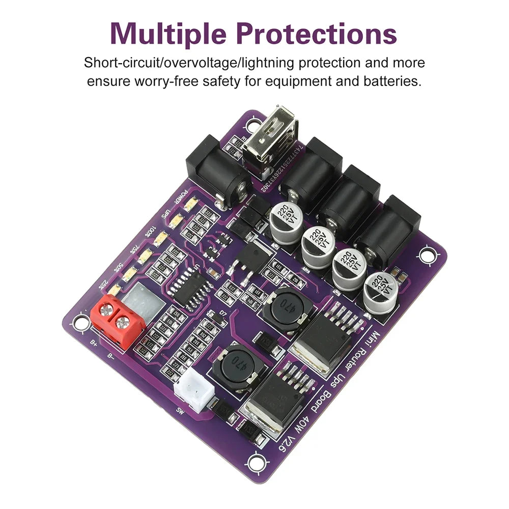 Mini Router UPS Uninterruptible Power Supply Board 40W 11.1V Battery Charging Board 4-Channel Power Module Output USB DC Port