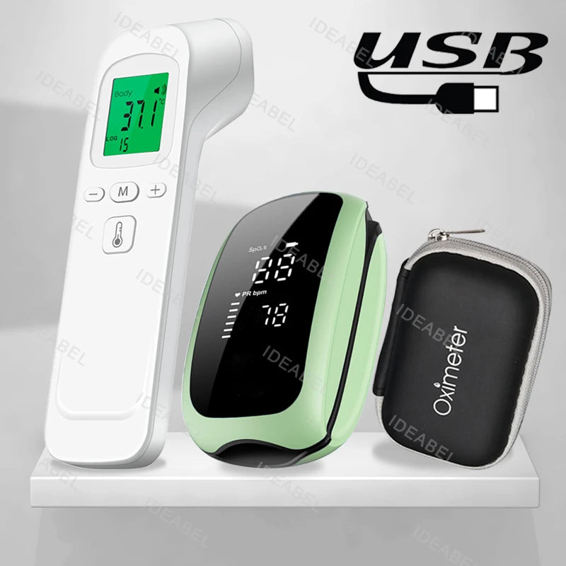 Medcial Forehead Thermometer Fingertip Pulse Oximeter Monitor Blood Oxygen Saturation Meter Pulse Oximeter USB Rechargeale
