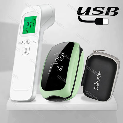 Medcial Forehead Thermometer Fingertip Pulse Oximeter Monitor Blood Oxygen Saturation Meter Pulse Oximeter USB Rechargeale