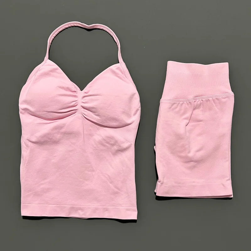 Yoga 2 Pieces Gym Set Women Backless Halter Tops High Waist Seamless Shorts Gym Suit Fitness Sports Bras Sportswear Workout Sets