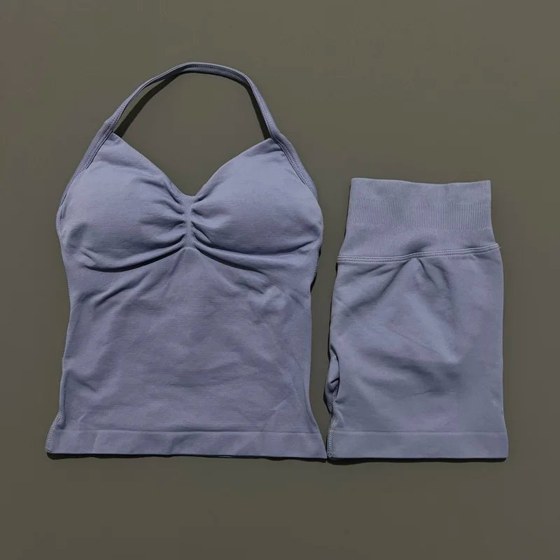 Yoga 2 Pieces Gym Set Women Backless Halter Tops High Waist Seamless Shorts Gym Suit Fitness Sports Bras Sportswear Workout Sets