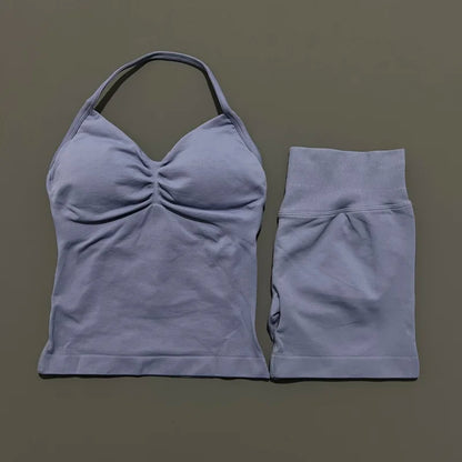 Yoga 2 Pieces Gym Set Women Backless Halter Tops High Waist Seamless Shorts Gym Suit Fitness Sports Bras Sportswear Workout Sets