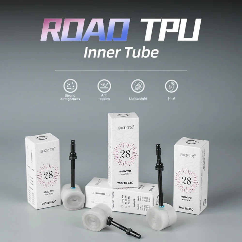 BKPTX 1Pcs 28g Metal/Plast Ultralight Bike TPU Inner Tube 700X18 25 28 32 Road Bicycle TPU Material Tire Length French Valve