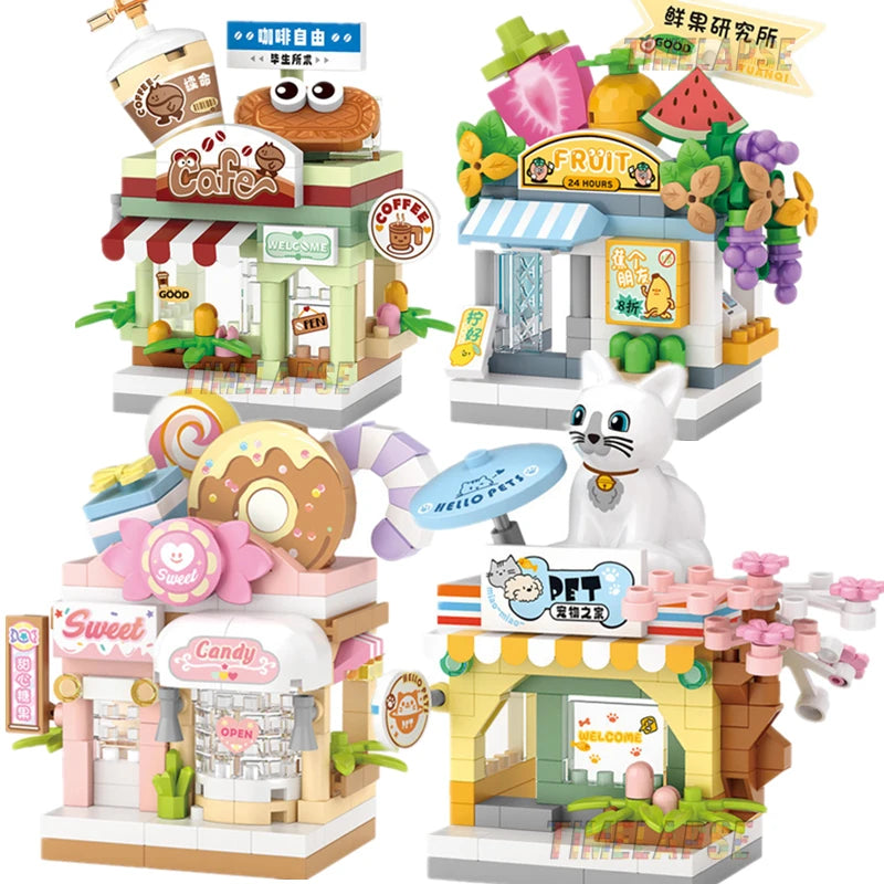 NEW Panda Pet Coffee Ice Cream Flower Shop Store Street View Food House Building Blocks Kit Girls Bricks Model Kids Toy Children