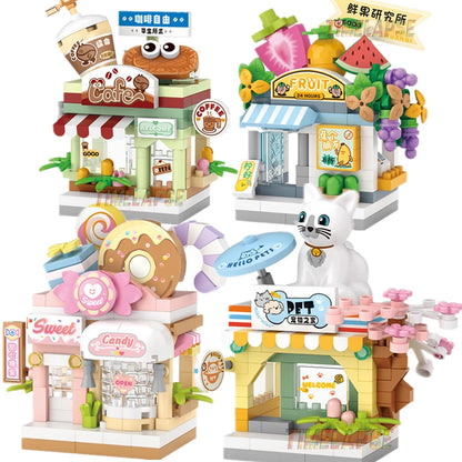 NEW Panda Pet Coffee Ice Cream Flower Shop Store Street View Food House Building Blocks Kit Girls Bricks Model Kids Toy Children
