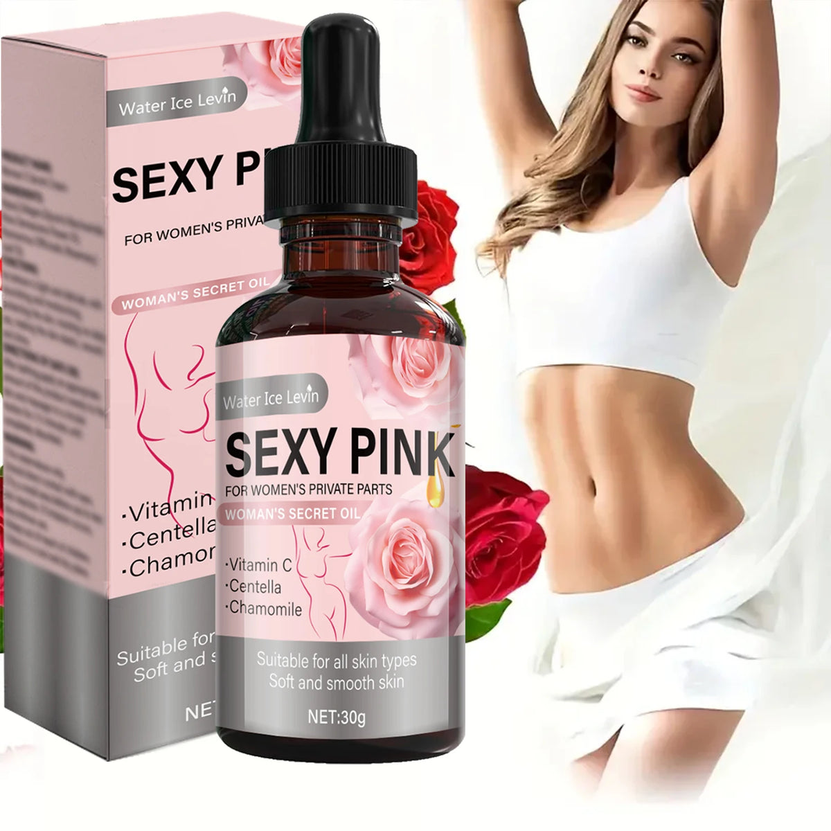 Secret Pink Intimate Oil Vitamin C & Chamomile. Softens, Smoothes, Revitalizes Skin. For Feminine Care. All Skin Types. 30g Net