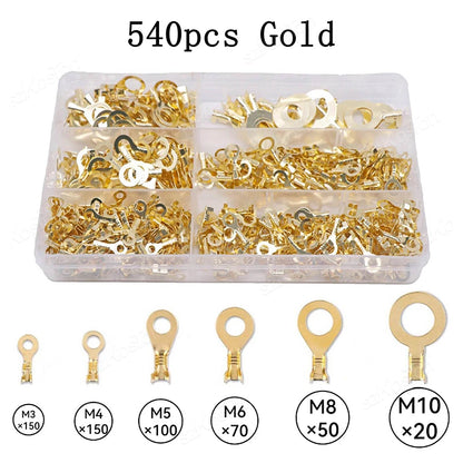 150/300/540Pcs M3/M4/M5/M6/M8/M10 Ring Lugs Eyes Copper Crimp Terminals Cable Lug Wire Connection Non Insulated Assortment Kit