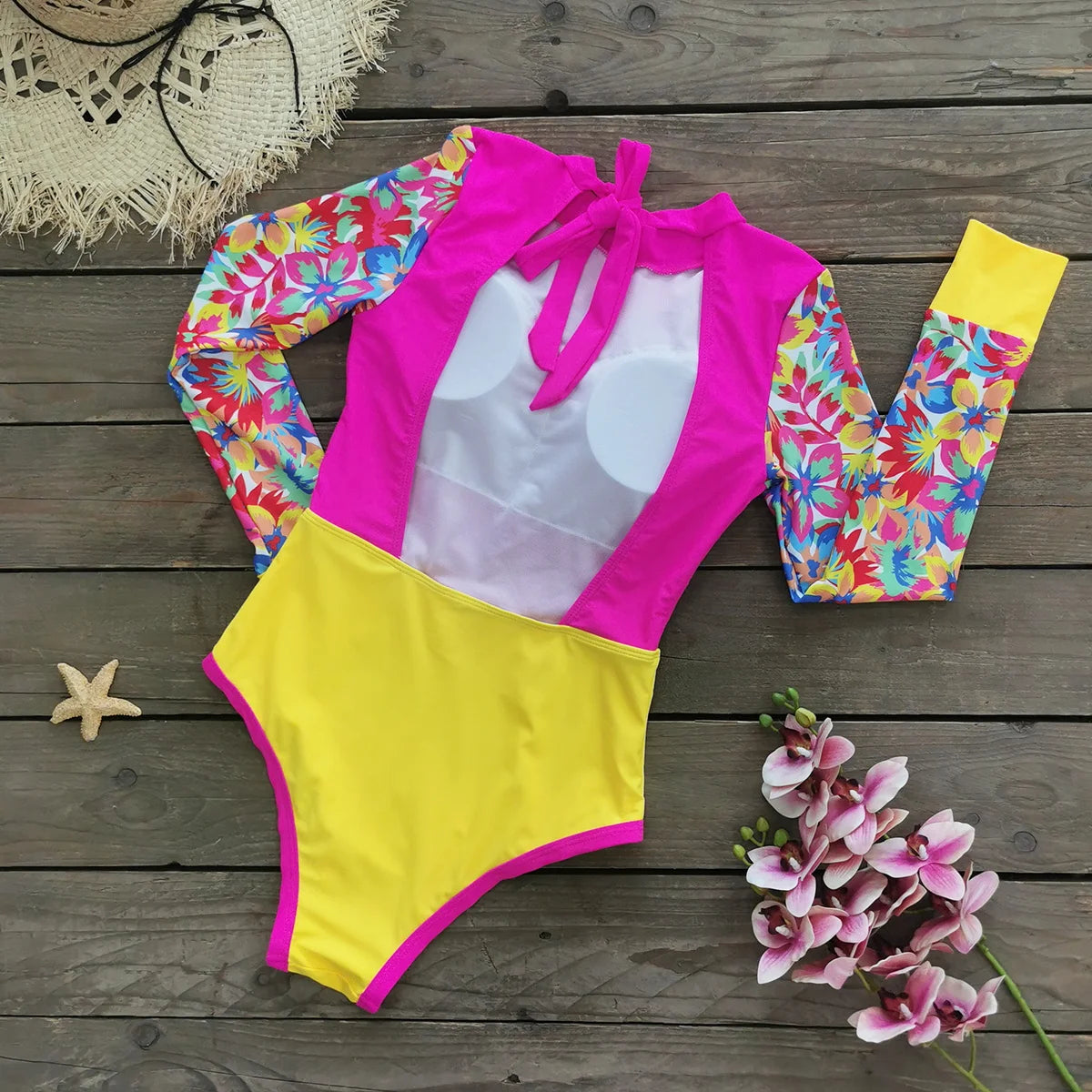 New Patchwork One-Piece Swimsuit Long Sleeve Swimwear Sports Backless Women's Swimming Bathing Suit Beach Wear Bather Surfing