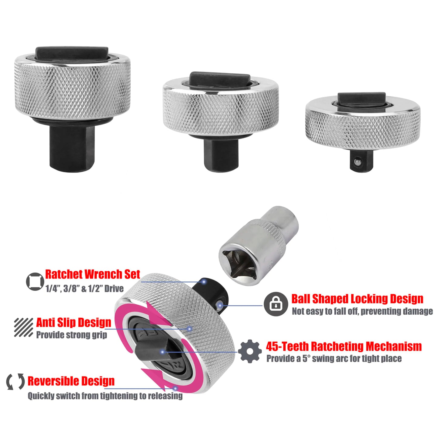 1/4 3/8 1/2 Drive Palm Ratchet Wrench Set Reversible Ratcheting Finger Socket Driver Stubby Thumbwheel Ratchet for Tight Spaces