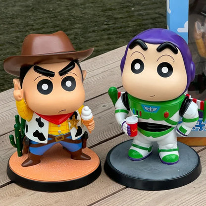 Cartoon Crayon Xiaoxin Cosplay Woody Buzz Lightyear Action Figure Statue Car Ornament Desktop Decoration Gift Collect Toys Model