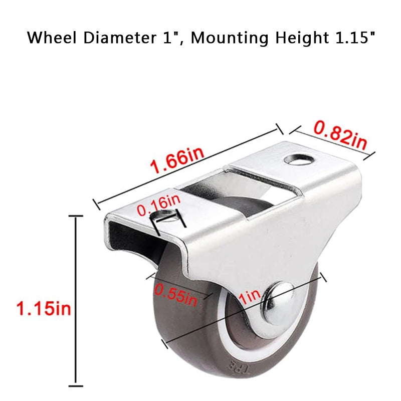 4 Pack Mini Fixed Caster Wheels 1 inch Silent Small Wheels TPR Rubber Low Profile Caster for Furniture Rolling Cabinet Trundle
