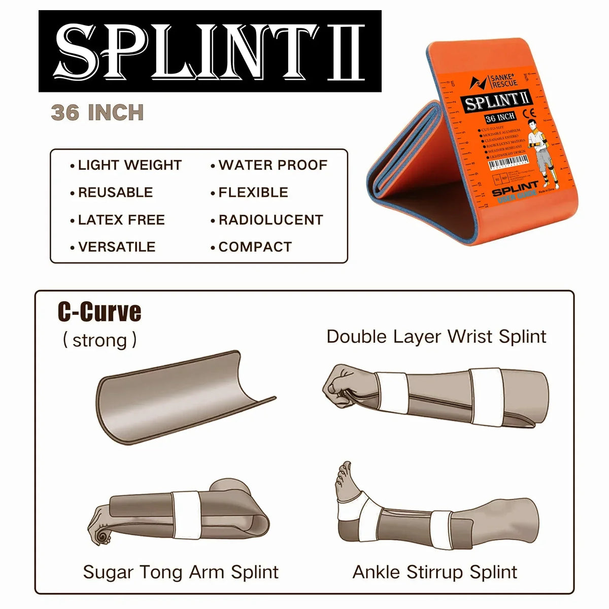 High-Quality First Aid Splint 36/18"X4.3" SANKE RESCUE Wrist Thumb Support Tendonitis IFAK Protective Guard Right/Left Hand