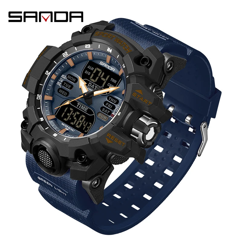 SANDA Outdoor Sports Military Mens Watch LED Digital Electron Quartz Male Wristwatch Dual Display Clock Men Relogio Masculino