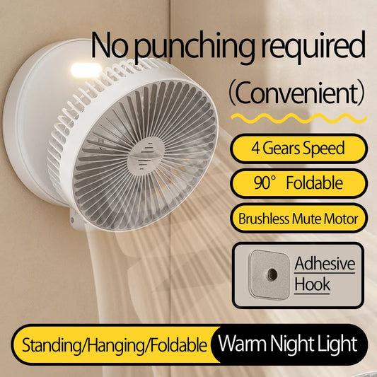2024 New Rechargeable 3IN1 Multifunctional Portable Fan Wall Mounted Fan 90° Folding Fan 4 Gears With Warm Night Light