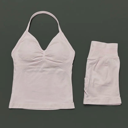 Yoga 2 Pieces Gym Set Women Backless Halter Tops High Waist Seamless Shorts Gym Suit Fitness Sports Bras Sportswear Workout Sets