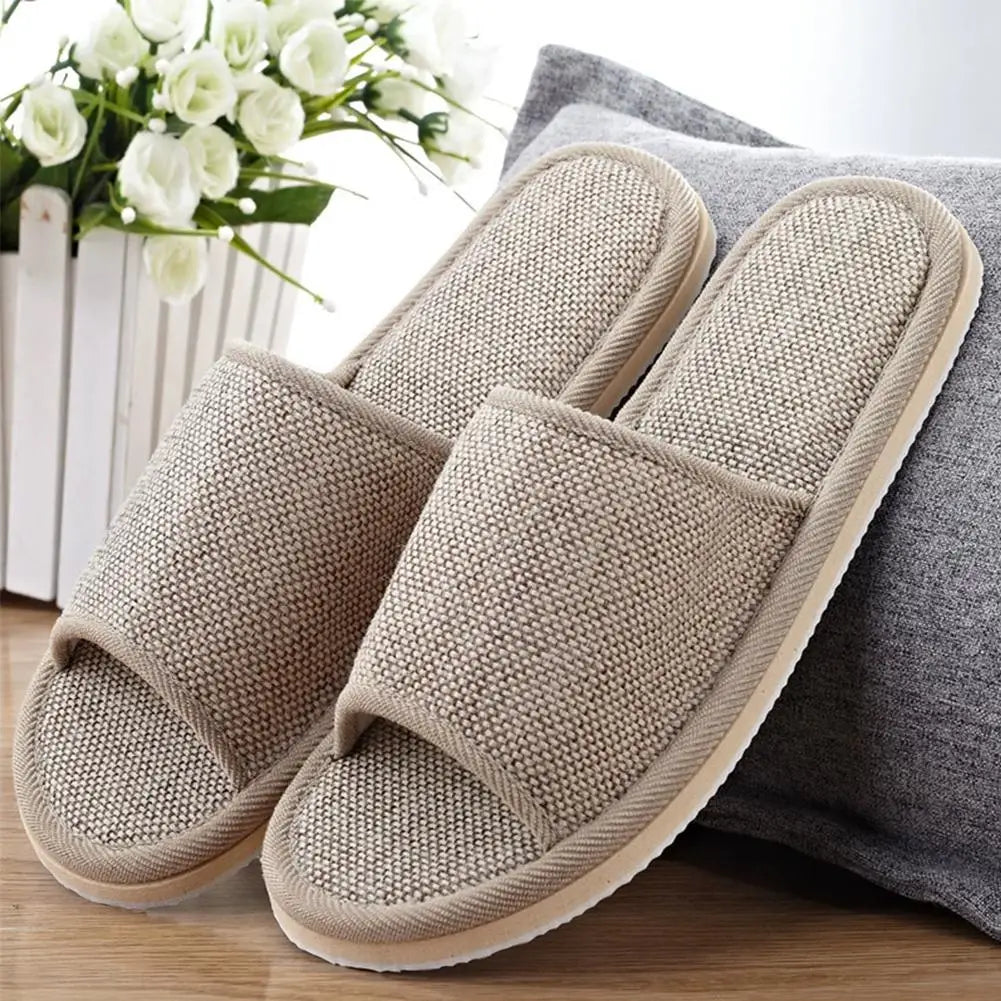 Linen Open Toe House Slippers for Women Men Breathable Flax Indoor Slip On Slides Lightweight Cozy Slippers Casual Floor Shoes