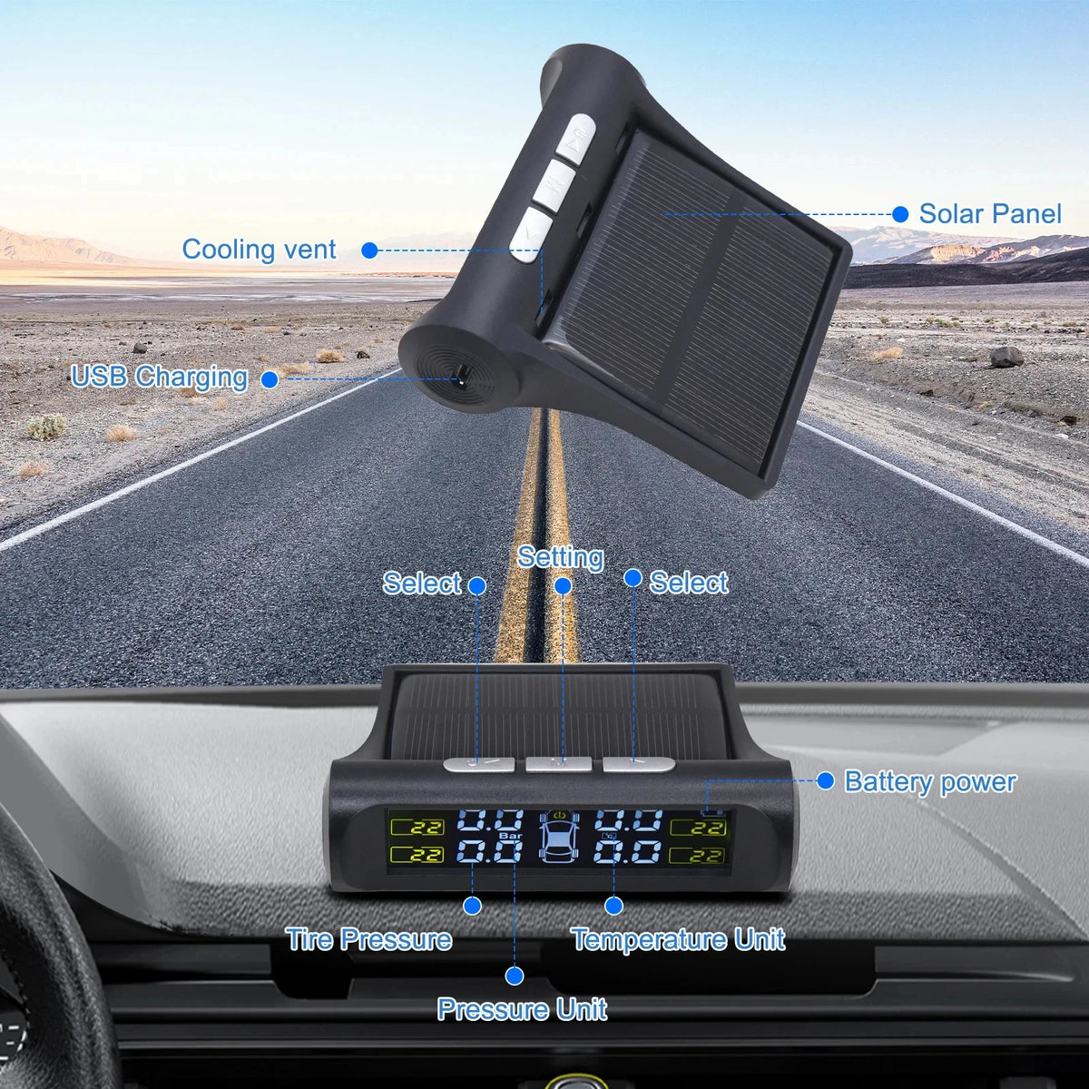 K01 TPMS Solar Sensor Intelligence Wireless Tire Pressure Monitoring System Auto Security Alarm Device With 4 Sensors