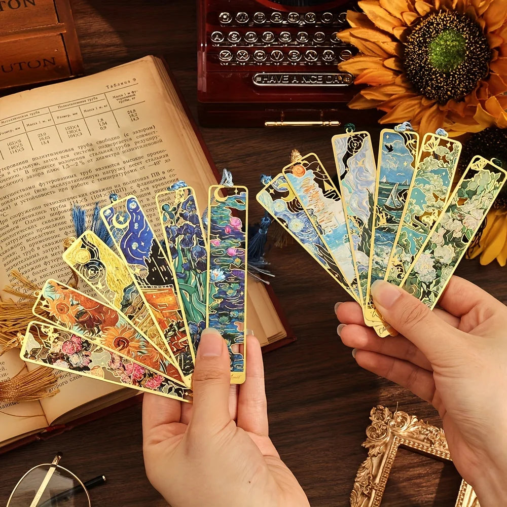 Vintage Oil Painting Metal Bookmarks - Hollow Hot Stamping Long Tassel Bookmarks - Stationery Gifts for Book Clubs, Book Lovers,