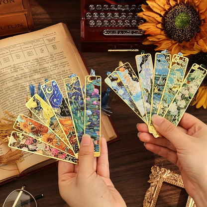 Vintage Oil Painting Metal Bookmarks - Hollow Hot Stamping Long Tassel Bookmarks - Stationery Gifts for Book Clubs, Book Lovers,
