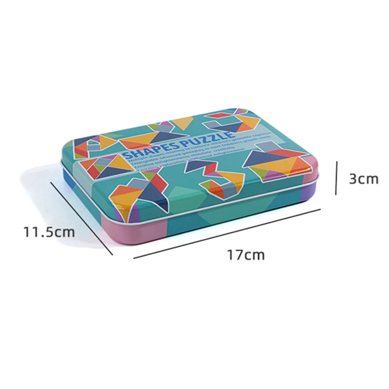 Children's Wooden Colorful Tangram Iron Box Storage Jigsaw Puzzle Puzzle Early Education Intelligence Number Letter Wooden Toys
