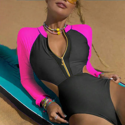 New Patchwork One-Piece Swimsuit Long Sleeve Swimwear Sports Backless Women's Swimming Bathing Suit Beach Wear Bather Surfing
