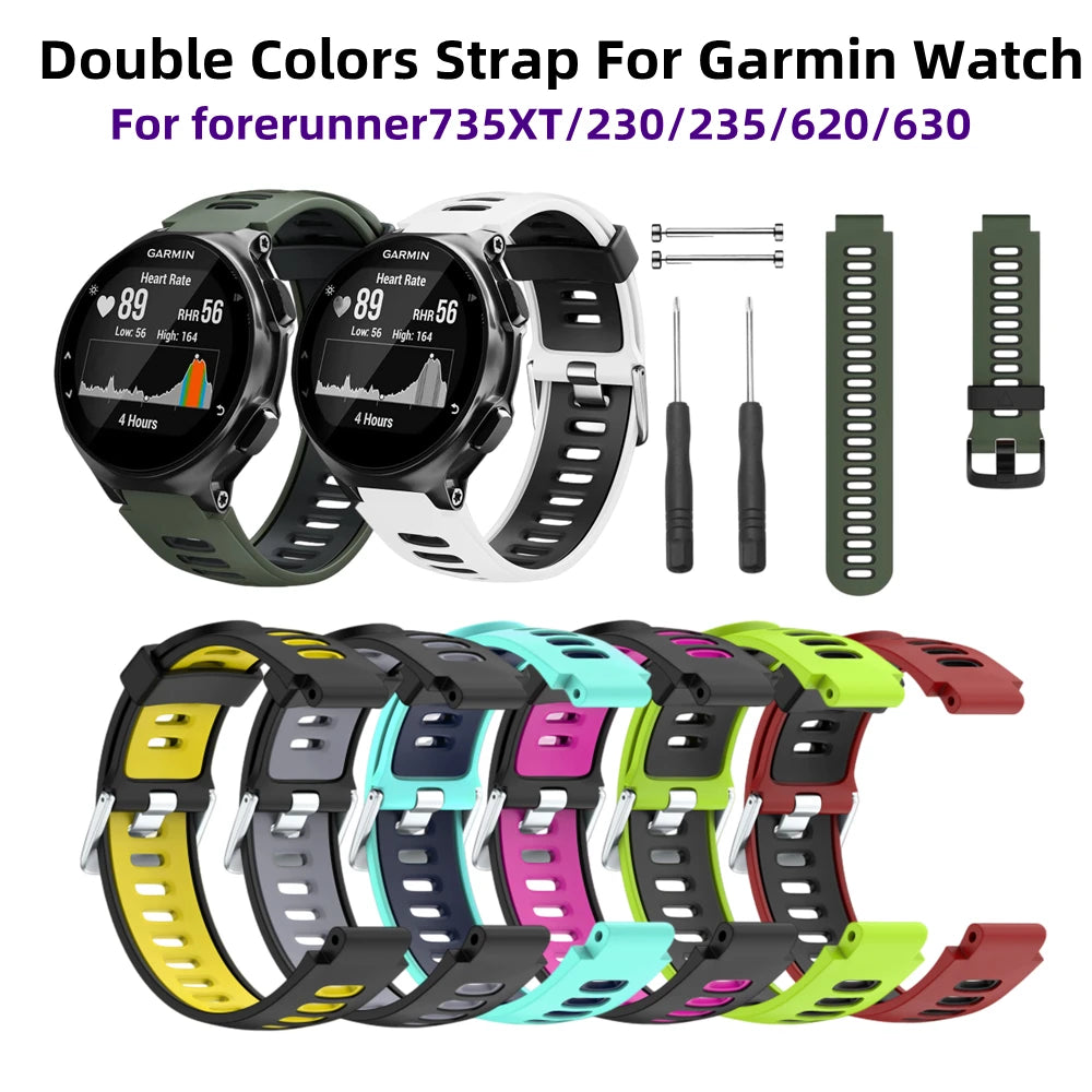 Double Colors Silicone Watch Strap Bracelet For Garmin Forerunner 220/230/235/620/630/735XT/Approach S6 Fashion Rubber Band