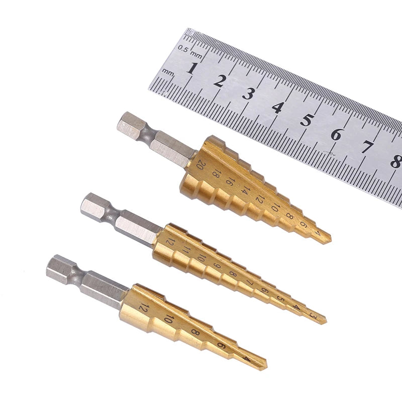 3pcs 3-12mm 4-12mm 4-20mm HSS Straight Groove Step Drill Bit Set Titanium Coated Wood Metal Hole Cutter Core Drill Bit Set