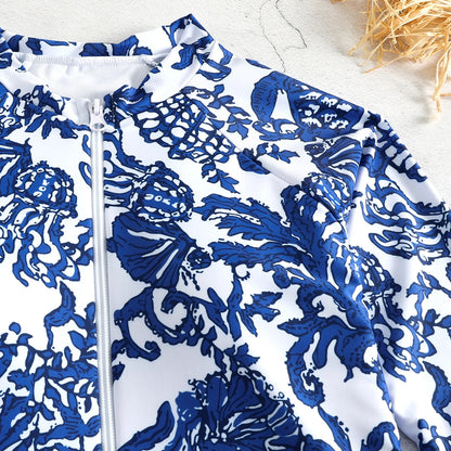2025 New Swimwear Women Print Floral One Piece Swimsuit Long Sleeve Bathing Suit Swimsuit Vintage Beachwear Surfing Swim Suit