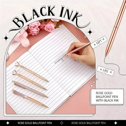 8pcs Rose Golden Ballpoint Pen Set - Stylish Metal Pens with Crystal Accents - Perfect for Students, Office, Gifts, and Weddings